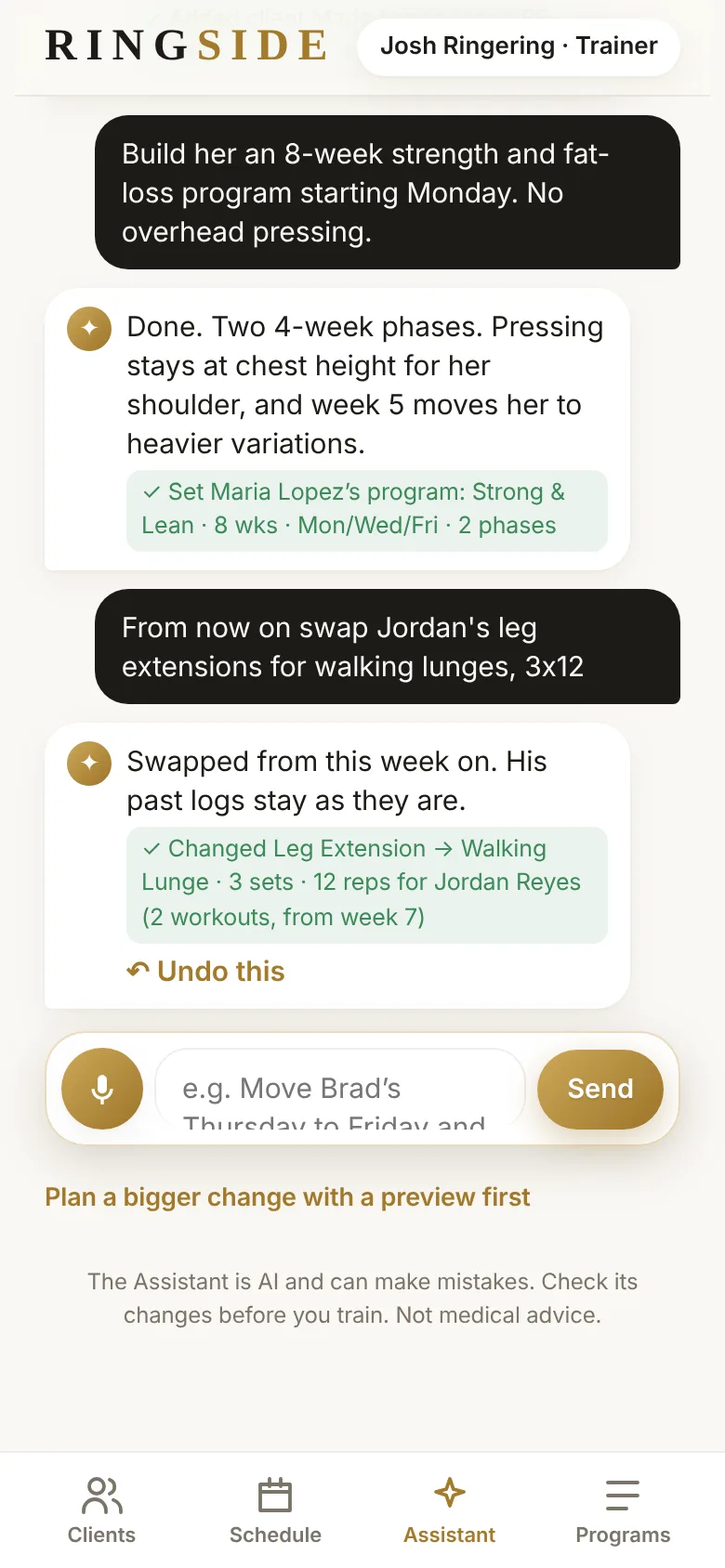 The Ringside Assistant adding a new client, building her 8-week program and swapping an exercise for another client, each with a checklist of what changed